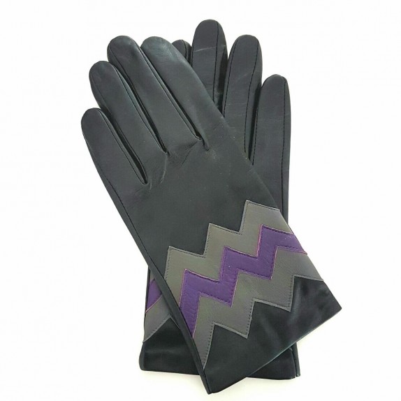 Leather gloves of lamb black charcoal and améthyst "TRIEDRE".