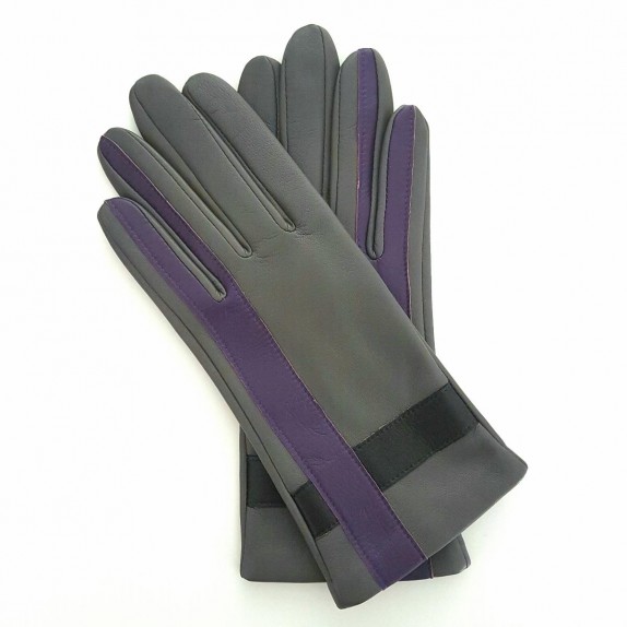 Leather gloves of lamb charcoal black and améthyst "GEOMETRIA"