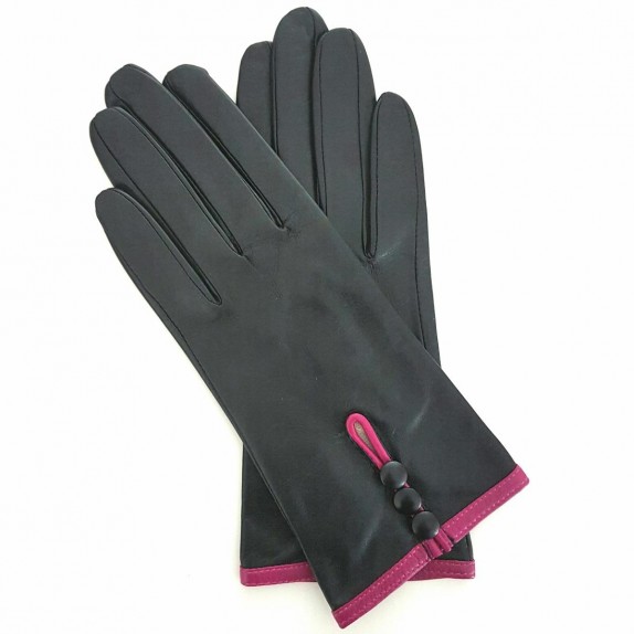 Gants en cuir d'agneau noir et hot pink "MARGUERITTE".