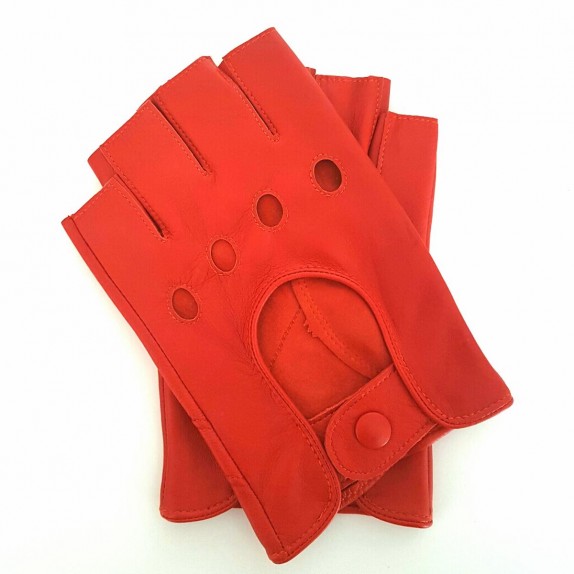 Leather mittens of lamb orange "PILOTE"