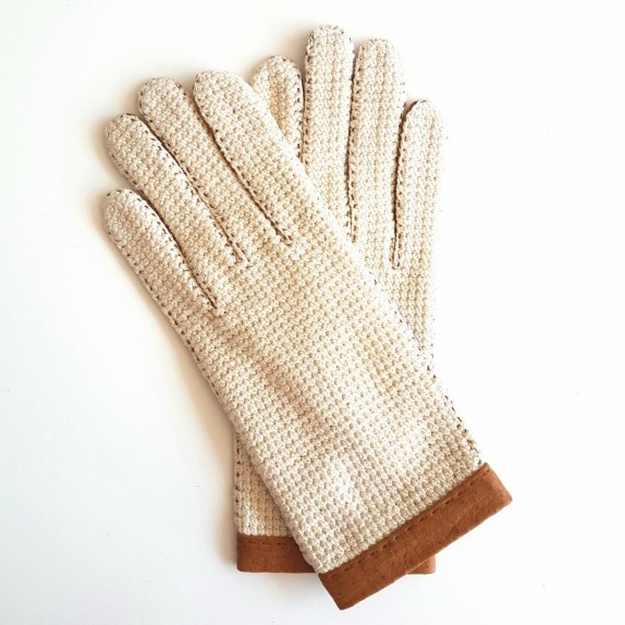 Gants en cuir de pécari cork et crochet coton écru "PAULINA".