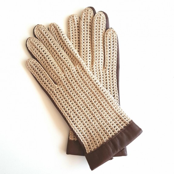 Gants en cuir d'agneau et crochet coton, havane et écru , GANTS DE  CONDUITE.