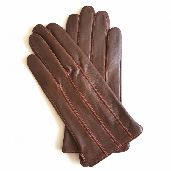 Leather gloves of lamb brown and orange "GEORGES".