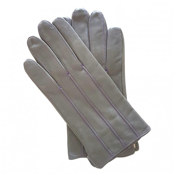 Leather gloves lamb grey and amethyst "GEORGES".