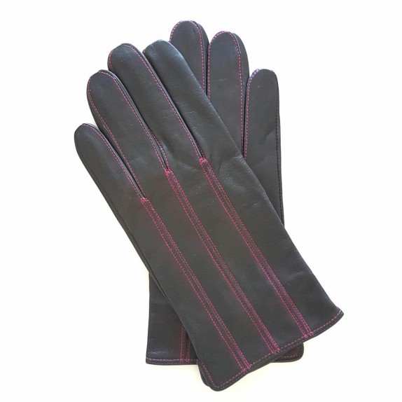 Leather gloves of lamb grey and fuchsia "GEORGES".