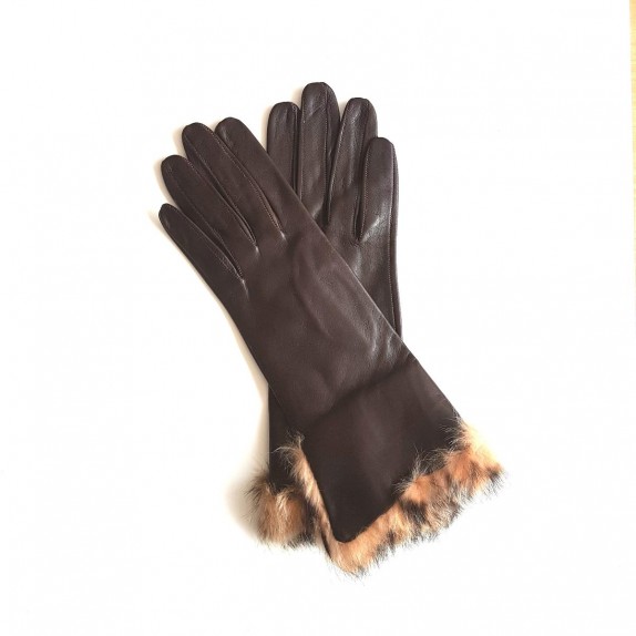 Leather gloves lamb rabbit fur chesnut bicolor "STEPPE".