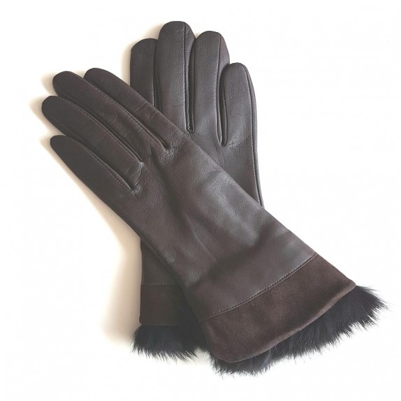 Gants en cuir d'agneau et fourrure en lapin marron et noir "STEPPE"