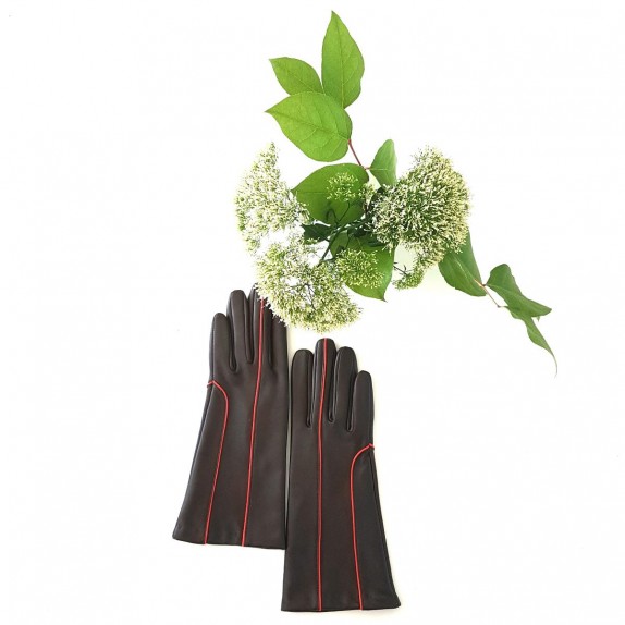 Leather gloves of lamb brown and orange "AÏNA".