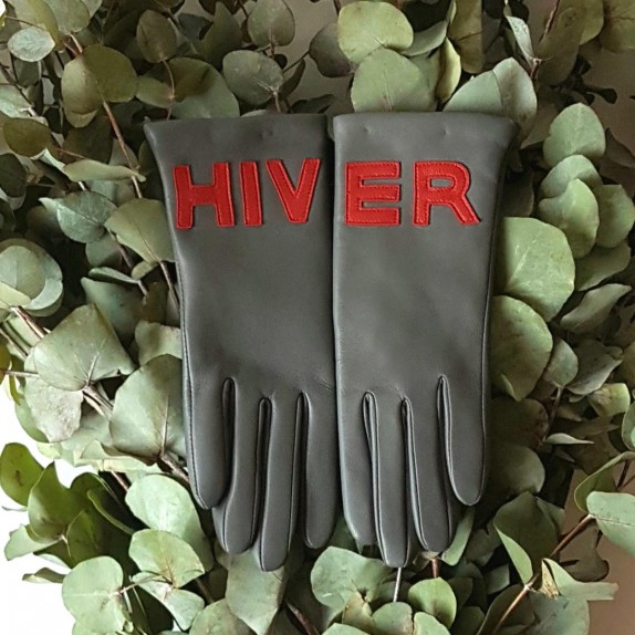 Leather gloves of lamb grey and red lining cashmere "HIVER".