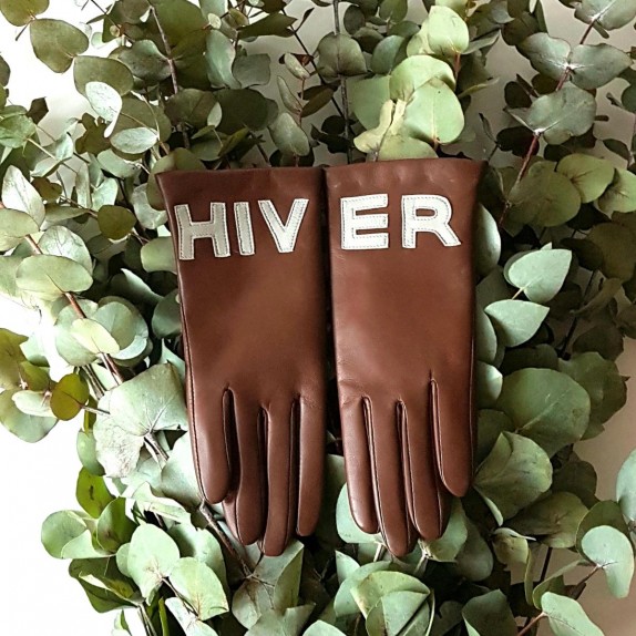 Leather Gloves of Lamb brown and grey lining cashmere "HIVER".