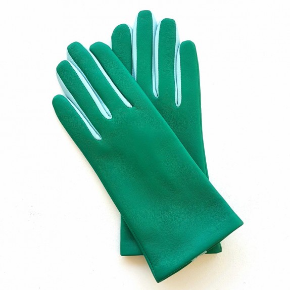 Gants en cuir d'agneau vert émeraude et bleu ciel "COLOMBE".