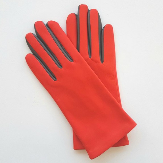 Gants en cuir d'agneau capucine et gris "COLOMBE".