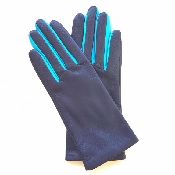 Leather gloves of lamb damson and turquoise "COLOMBE".