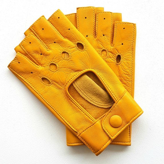 Leather mittens of lamb yellow "PILOTE".