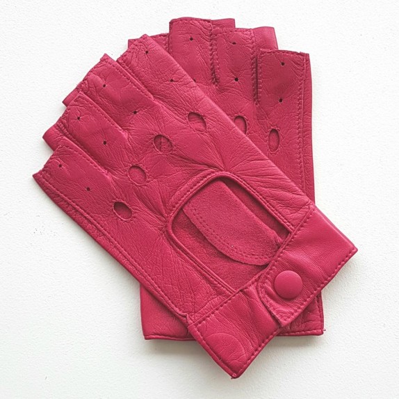 Leather mittens of lamb fuchsia "PILOTE".