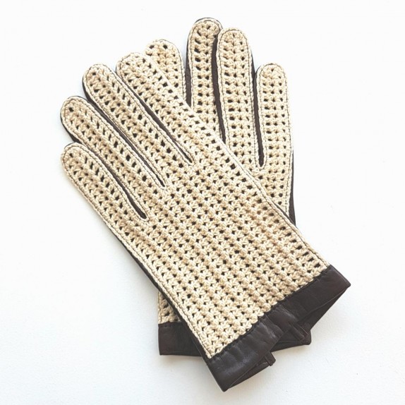 Gants en cuir d'agneau et crochet coton ébène et beige "LOUIS".