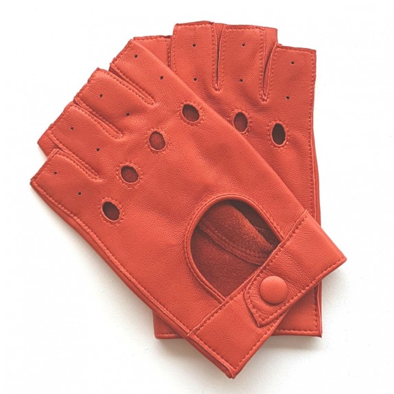 Leather mittens of lamb orange "PILOTE".