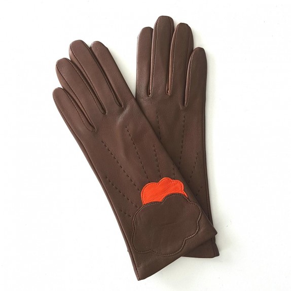 Gants en cuir d'agneau marron et orange "NUAGE".