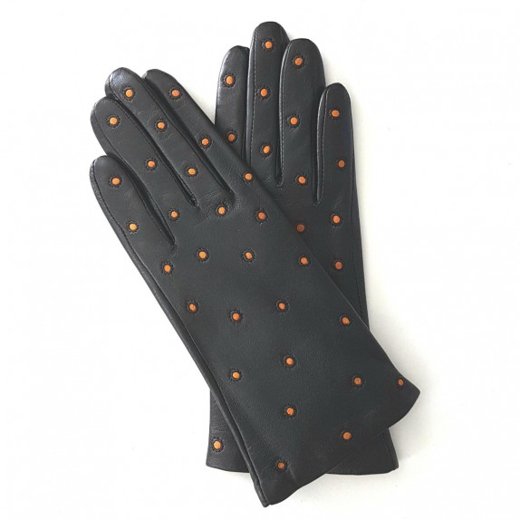 Leather gloves of lamb black and maize "COCCINELLE"