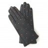 Leather gloves of lamb black and maize "COCCINELLE".