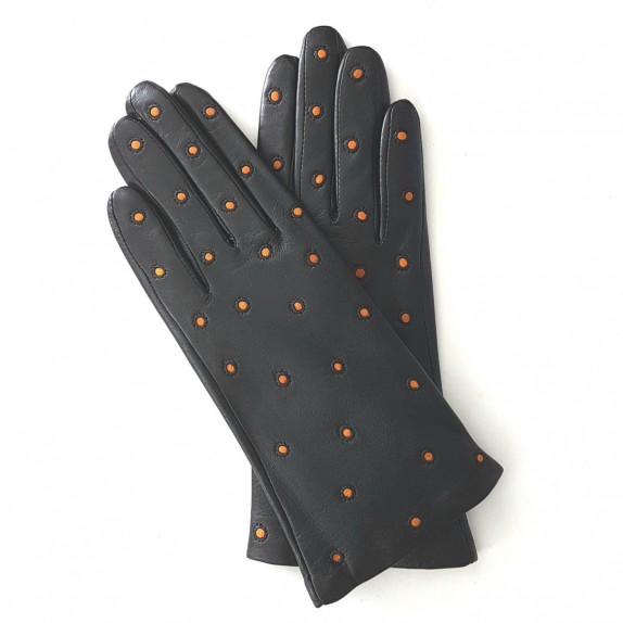 Gants en cuir d'agneau noir et maize "COCCINELLE".