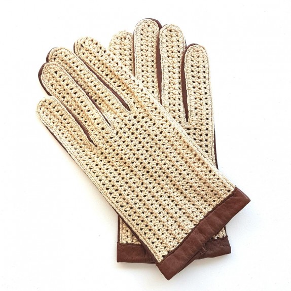 Gants en cuir d'agneau et crochet coton cognac et beige "LOUIS".