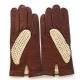 Gants en cuir d'agneau et crochet coton cognac et beige "LOUIS".