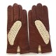 Leather gloves of lamb and cotton hook cognac and beige "LOUIS"