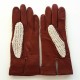 Leather gloves of lamb and cotton hook cognac and beige "LOUIS"