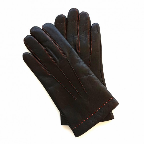 Leather gloves of lamb brown and orange "HENRI"