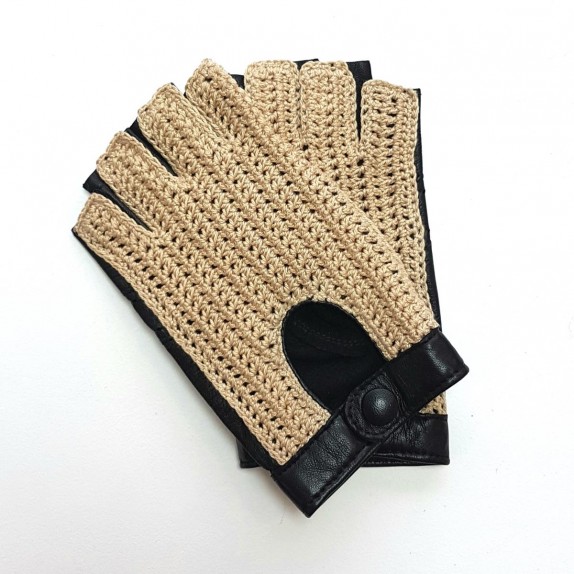 Leather mittens of lamb and cotton hooks black and ecru "MICHELE".