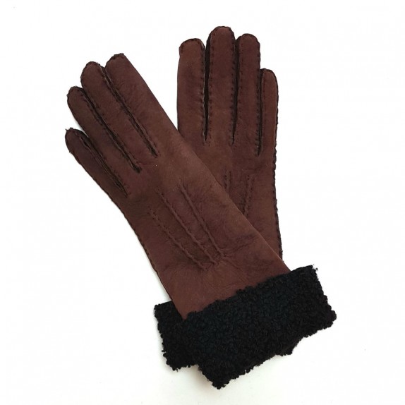 Leather gloves of shearling chocolate and black "ZOIA"
