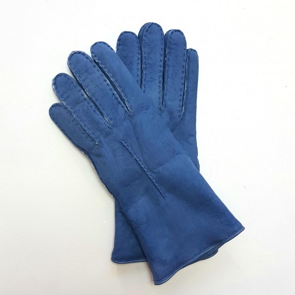 Leather gloves of sherling blue jeans "ANASTASIA".