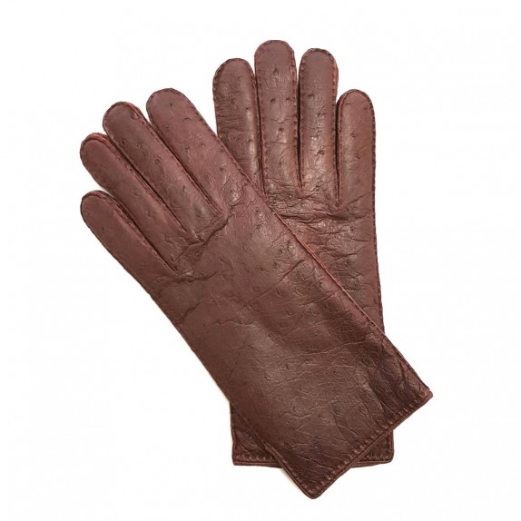 Gants en cuir de pécari et d'autruche bordeaux "ADELE".