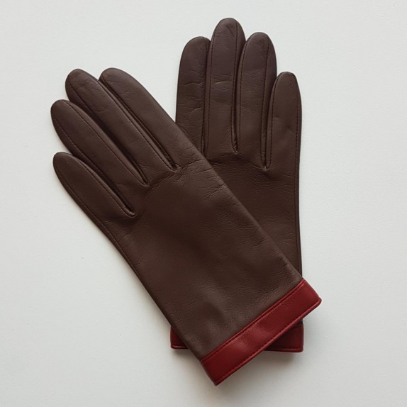 Leather gloves of lamb brown and red "TIPPI".