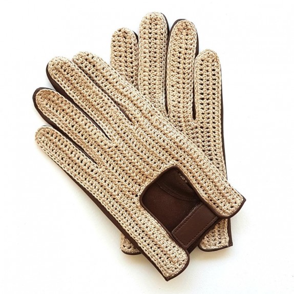 Leather gloves of lamb and cotton hook brown and beige "LOUIS"