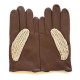 Leather gloves of lamb and cotton hook brown and beige "LOUIS"