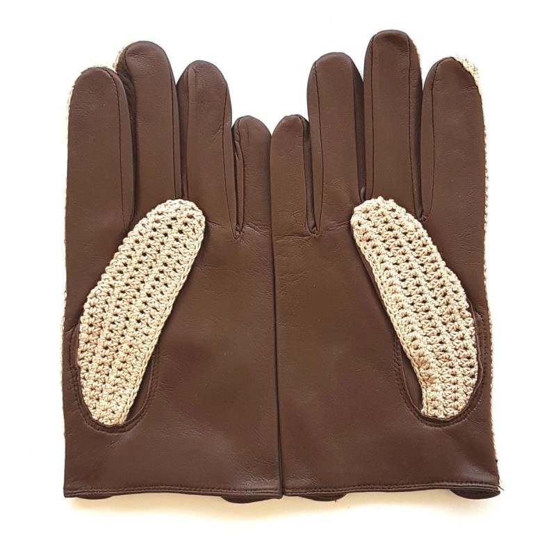 Gants en cuir d'agneau et crochet coton, havane et écru , GANTS DE  CONDUITE.