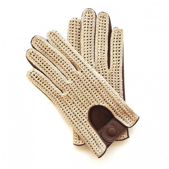 Gants en cuir d'agneau et crochet coton havane et beige "AUGUSTIN".