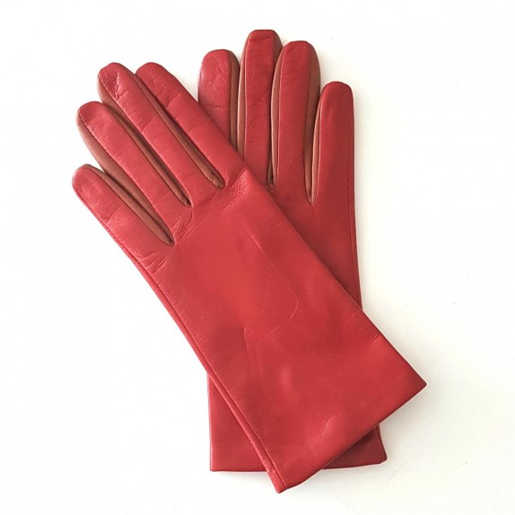 Gants en cuir d'agneau rouge et cognac "COLOMBE".