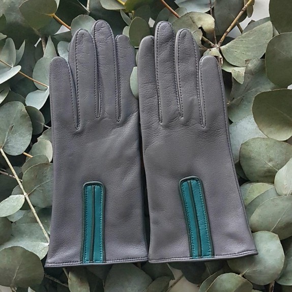 Leather gloves of lamb charcoal, green and evergreen "JOSEPHINE".