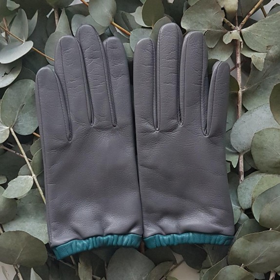 Leather gloves of lamb charcoal and green "JACQUELINE".