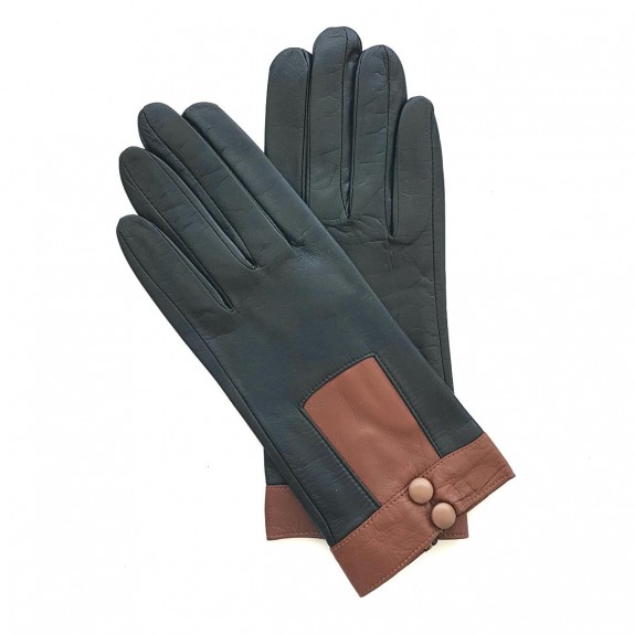 Leather gloves of lamb black, cognac and sand "JOSEPHA"