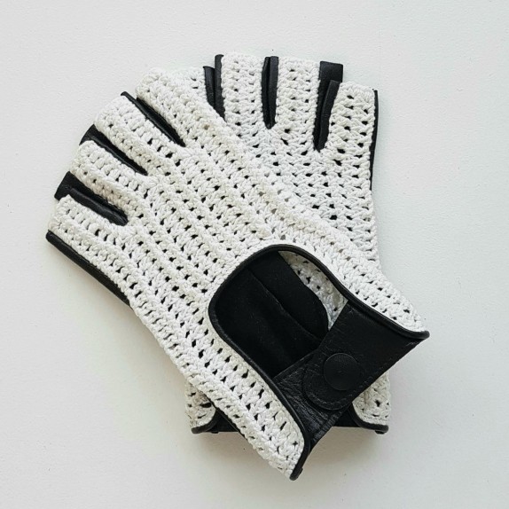 Leather mittens of lamb and cotton hooks black and white "MICHA".