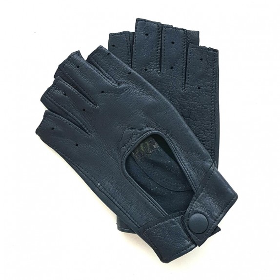 Leather mittens of lamb navy blue "PILOTE".