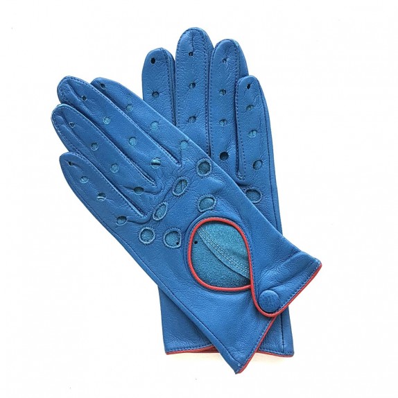 Gants en cuir d'agneau bleu et rouge "MARTINE".