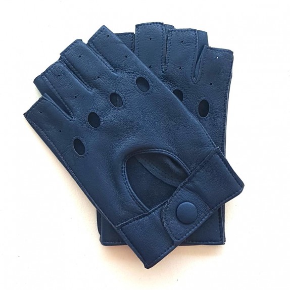 Leather mittens of lamb indigo "PILOTE".