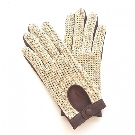 Gants en cuir d'agneau et crochet coton, havane et écru , GANTS DE  CONDUITE.