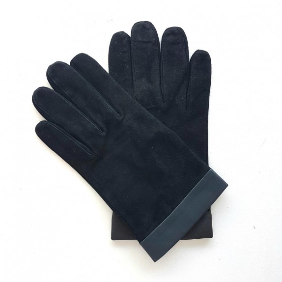 Leather gloves of goat velvet and lamb black and storm "GUILHEM".