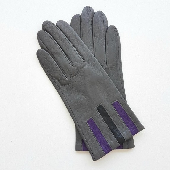 Leather gloves of lamb charcoal black and améthyst "TRIO"